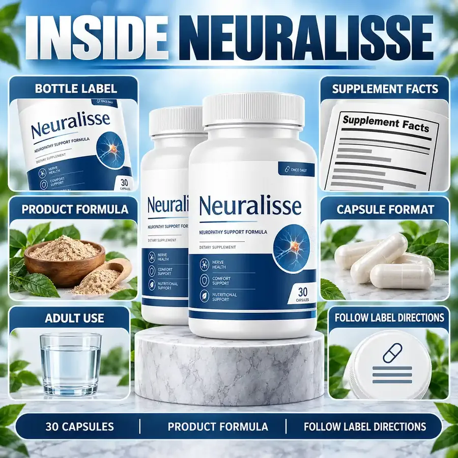 Brand graphic titled Inside Neuralisse with tiles for bottle label, product formula, adult use, supplement facts, capsule format and label directions