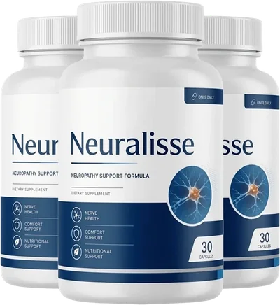 Three white bottles of Neuralisse with a navy label and a glowing nerve cell