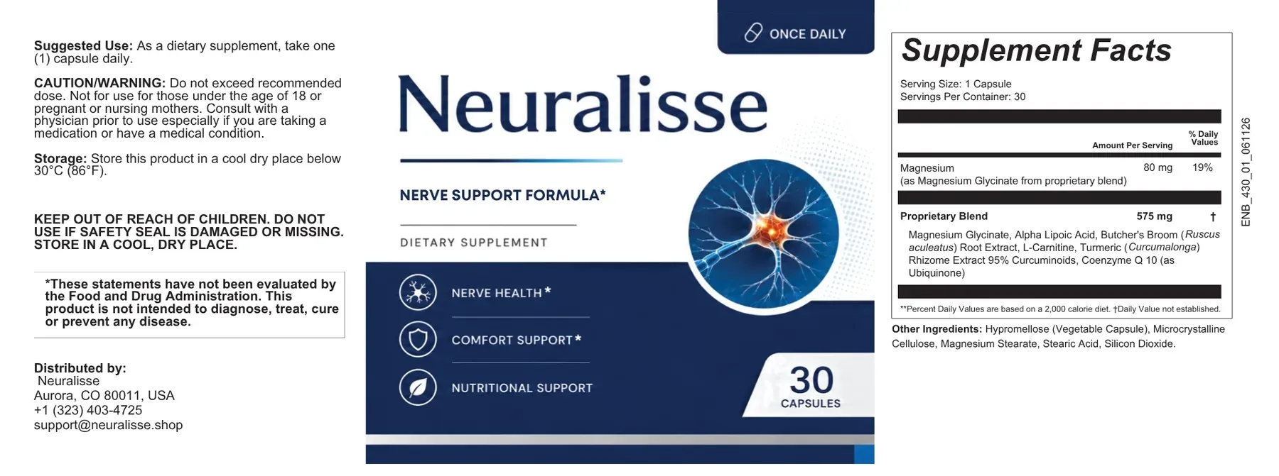 The full Neuralisse label laid flat: suggested use, warning and distributor on the left, the Nerve Support Formula front panel in the middle, and the Supplement Facts panel on the right